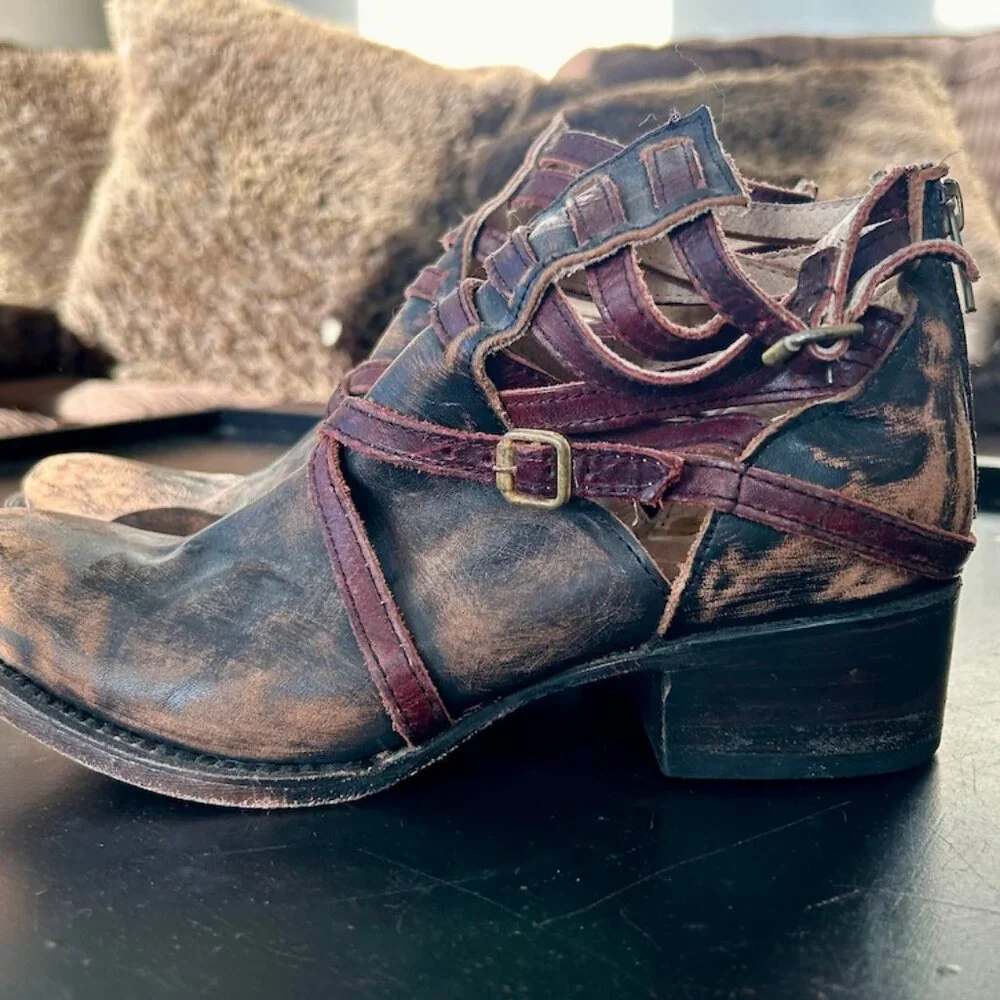Freebird by Steven Brown and Burgundy Distressed Leather Ankle Boots
